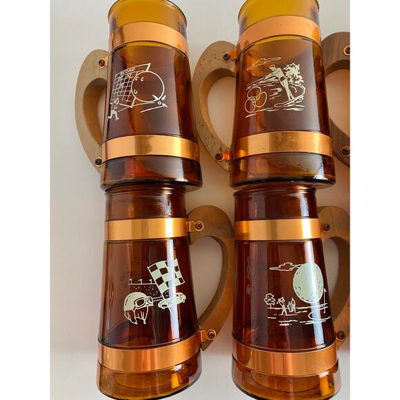 Vintage Amber Glass Beer Mugs Set of 8 – Sports Motif, 1960s Retro Barware - Picture 3 of 10